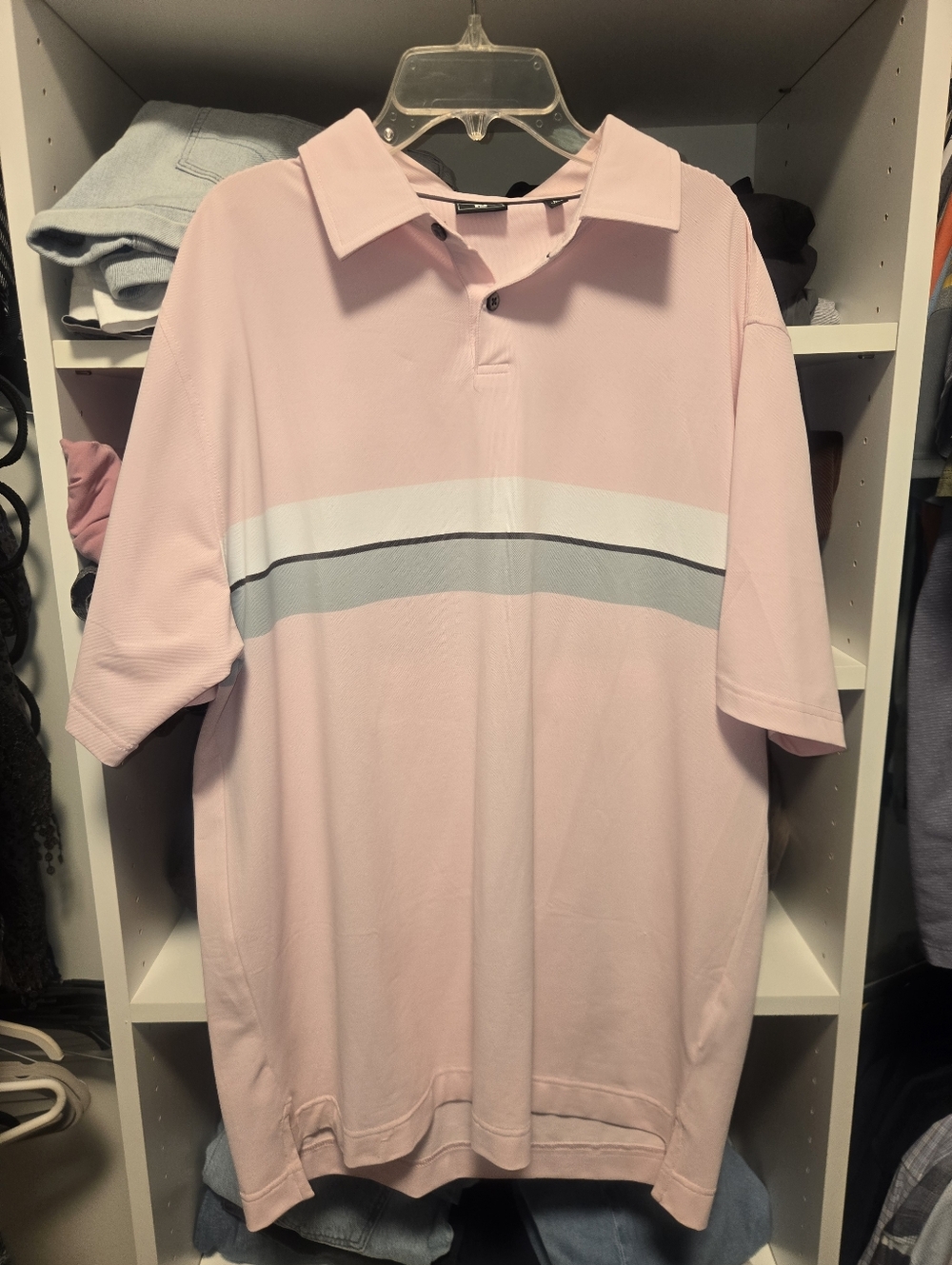 Men's Footjoy Pink Short-Sleeve Polo with White and Gray Stripe